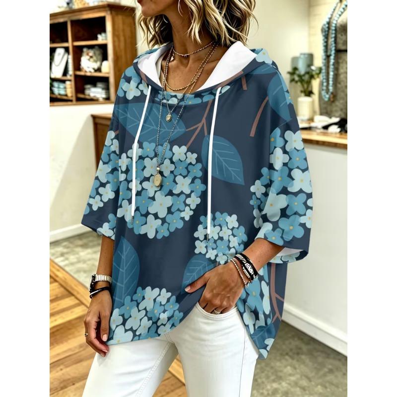 Damen Kapuzenpullover mit Dreiviertelärm, locker, Retro-Blumenmuster, lässiges Urlaubs-Top