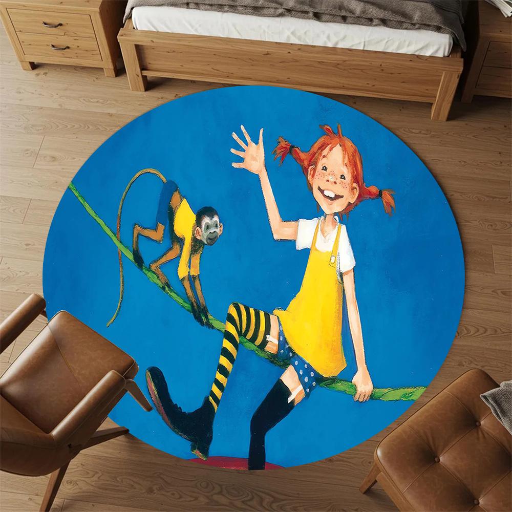 1pc Pippi and Monkey Round Chair mat Area Rug - Non-Slip, Floor Mat for Office, Bedroom, home decor Christmas Gift p0811025