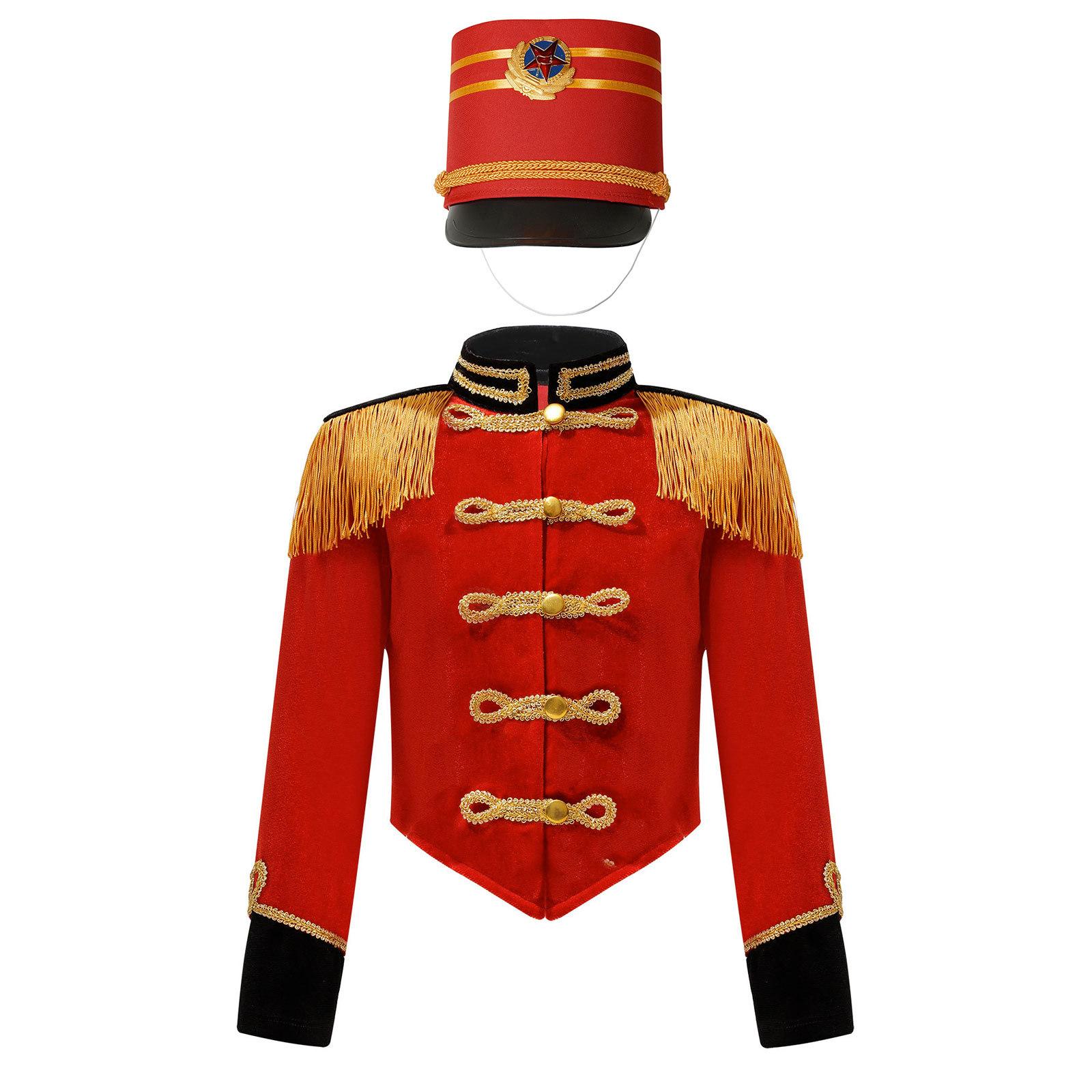 

Комплект костюма барабанщиці для дівчинки Куртка з довгим рукавом, коміром-стійкою та бахромою на плечах, на ґудзиках, з капелюхом для виступу та змагань 3-4 Years