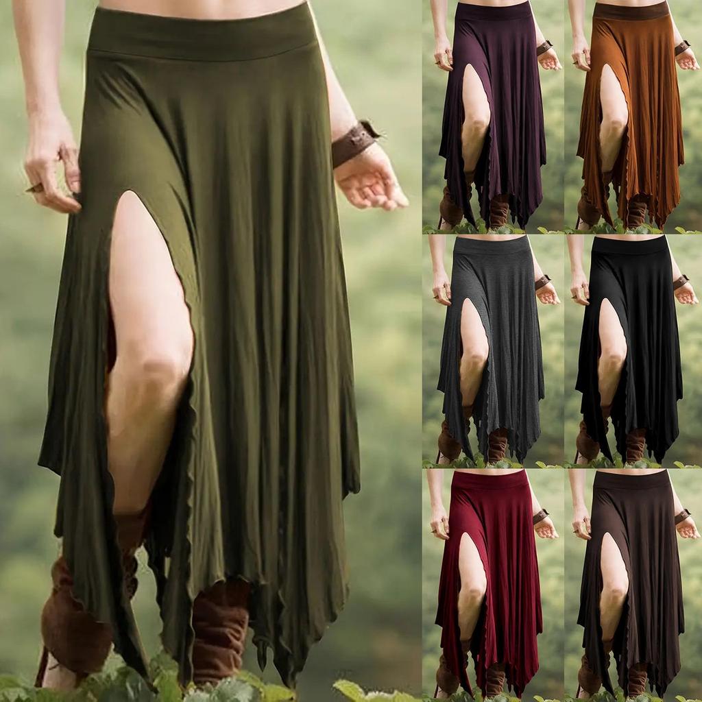 Women's Casual High Waist Beach Skirt Elastic Waistband Irregular Hem Midi Skirt Summer Fashion Solid Color Comfortable Soft Fabric