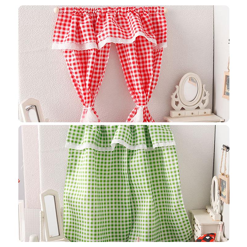 1/12 Dollhouse Mini Plaid Curtains Door Curtain Doll Home Furniture Decoration Dolls House Living Scene Decor Accessories