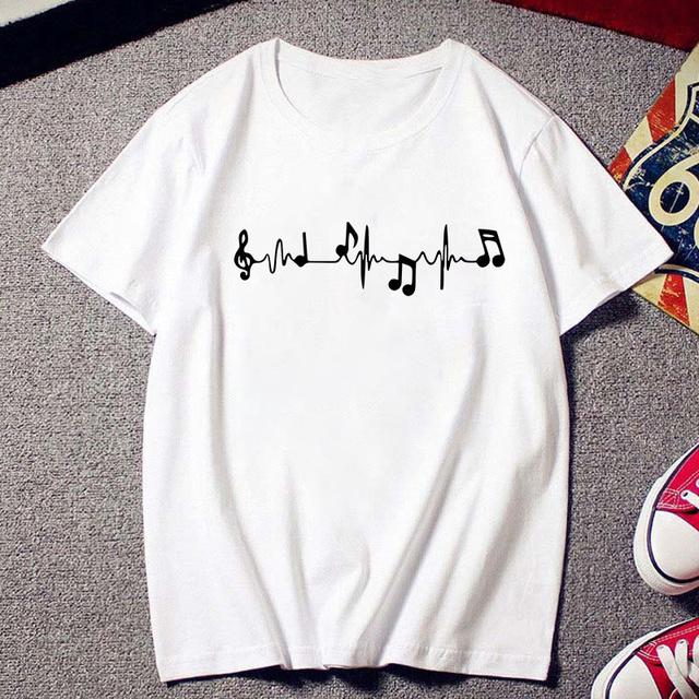 Fashion Creative Musical Note Printed T Shirt Female Harajuku Tshirt Ulzzang Clothes Vintage New White T -Shirt Women Tees Tops