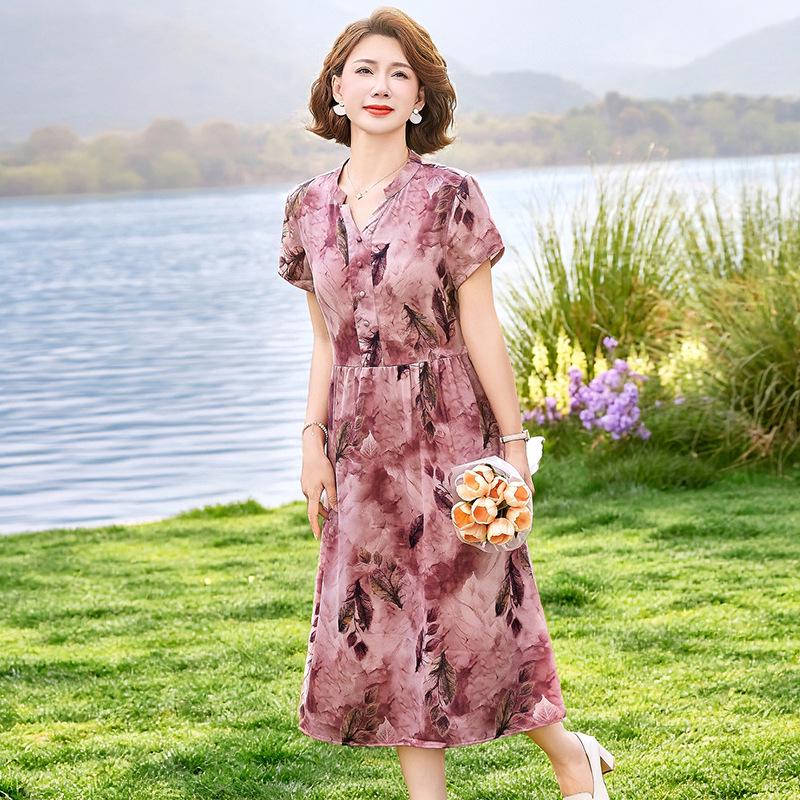 

2026 Summer V-Neck Printed Dress: Short-Sleeve, Slimming Waist for Middle-Aged & Elderly 2XL красный