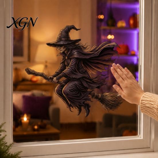 Halloween Party Supplies Witch on Broomstick Static Cling, Themed Glass Window Sticker, Decals Removable Wall Cling for Storefront Windows Doors