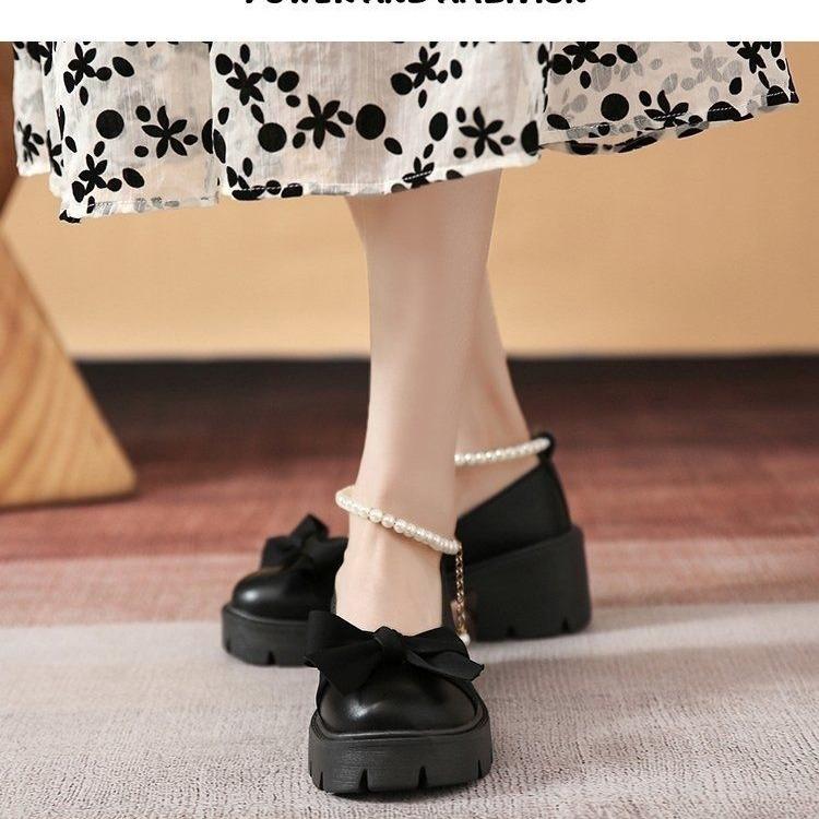 Fashion Pearl Bow Chunky Heel Shoes - Comfort Soft Material Fashionable Women’s Pumps, Ideal for Daily Casual/Party Wear