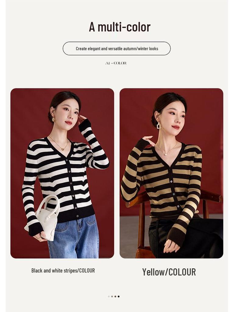 Color Block Striped V-Neck Slimming Knit Women's Cardigan, New Autumn Style, Merino Wool Silk Blend