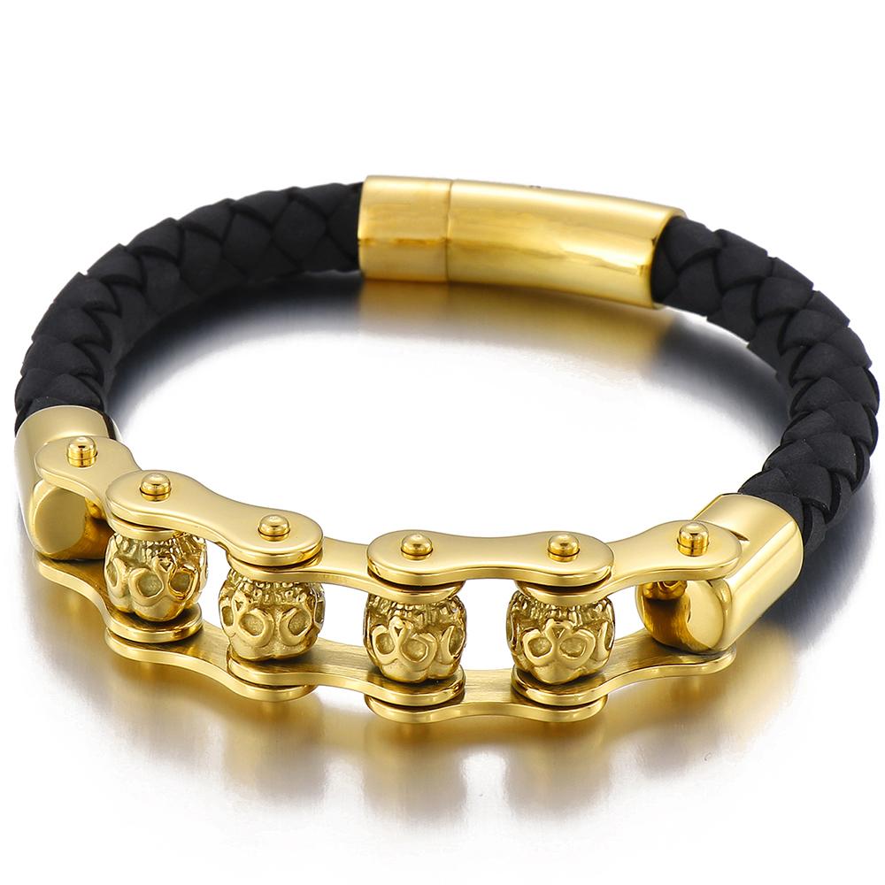 Rotatable Relieve Stress Skull Head Beads Bracelets for Man Punk Gothic Stainless Steel & Leather Motorcycle Biker Jewelry Gifts