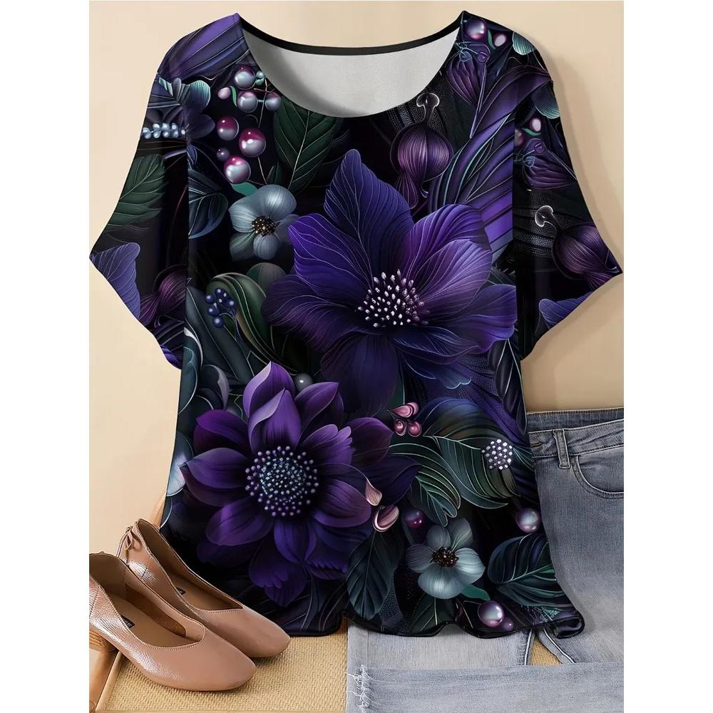 Casual Comfort Women's Top Fashion Versatile Flower Print Short Sleeve Daily Breathable T-Shirts Women’s
