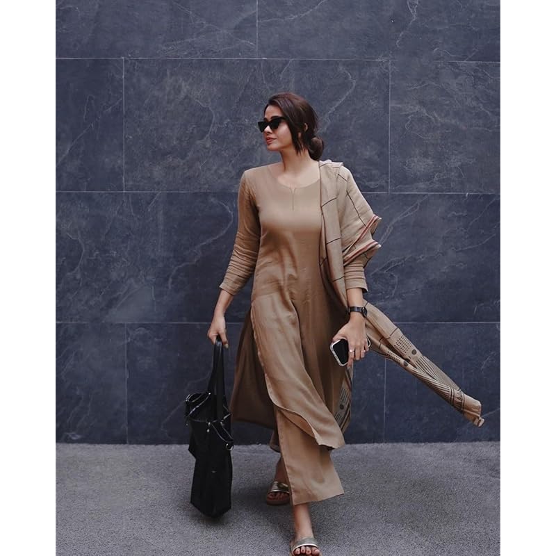 GoSriKi Women s Rayon Blend Straight Solid Kurta with Pant & Dupatta (Raja Saab Beige-VKS01-GS_S_Beige_Small) S бежевый