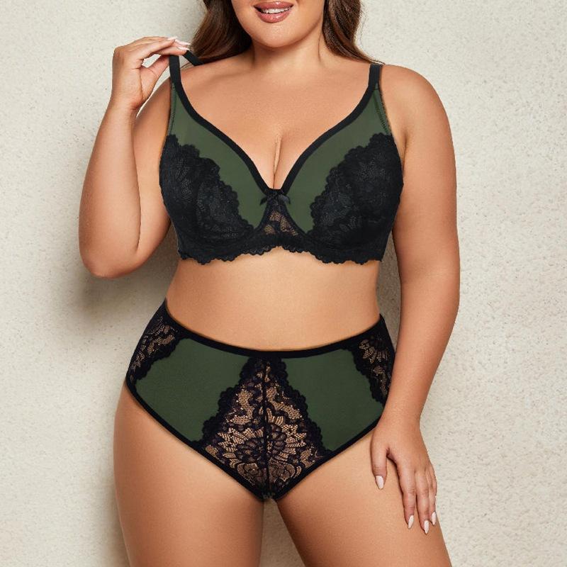 Evropské a americké dámské plus-size soupravy podprsenky a kalhotek s kosticemi, spodní prádlo s plným košíčkem, průsvitné krajkové kalhotky