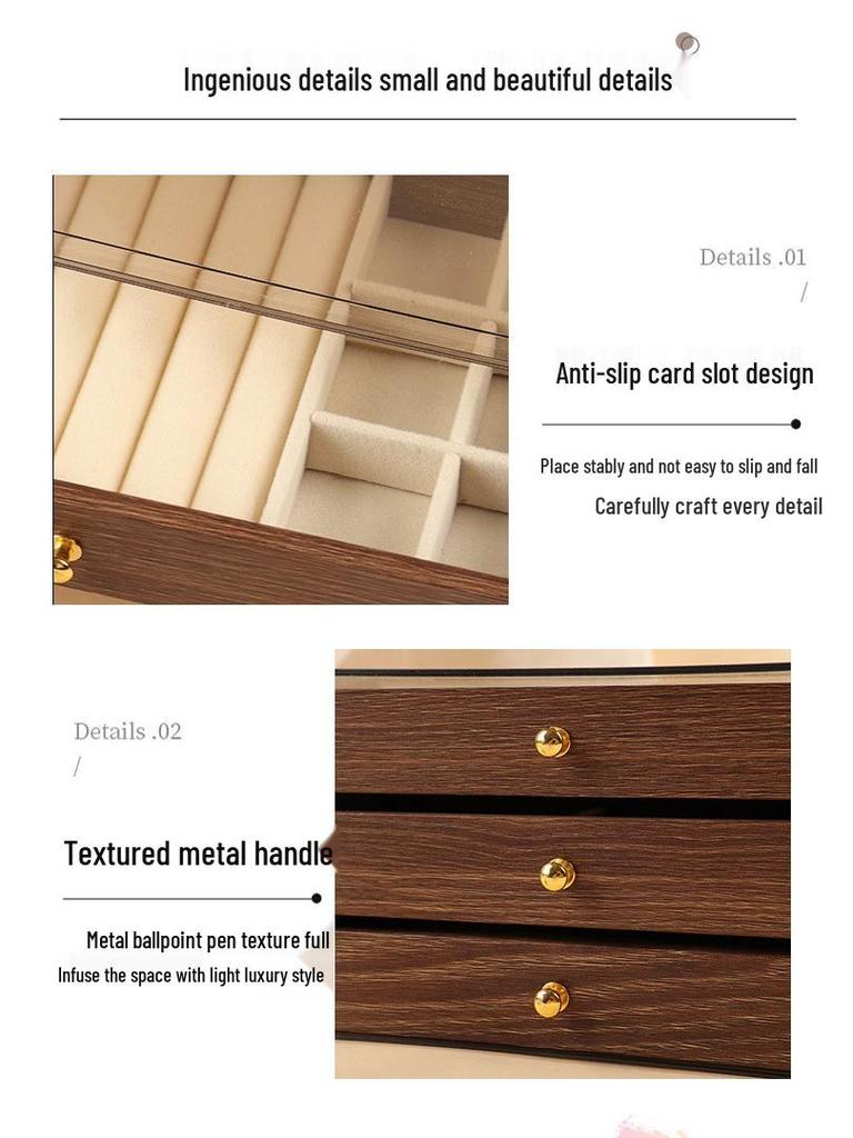 Lyxig flerlagers smyckeskrin med träådring för örhängen, ringar, halsband och armband - Stor kapacitet skrivbordsorganisatör