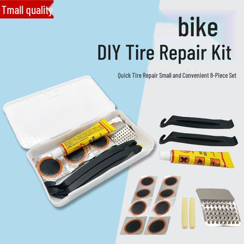 Bicycle Repair Tool Kit with Tire Patches, Pry Bar, Glue, and File In Plastic Box