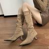 Stiletto suède puntige gerimpelde laarzen 2025 herfst en winter nieuwe Britse stijl retro veelzijdige Martin laarzen lange laarzen enkele laarzen
