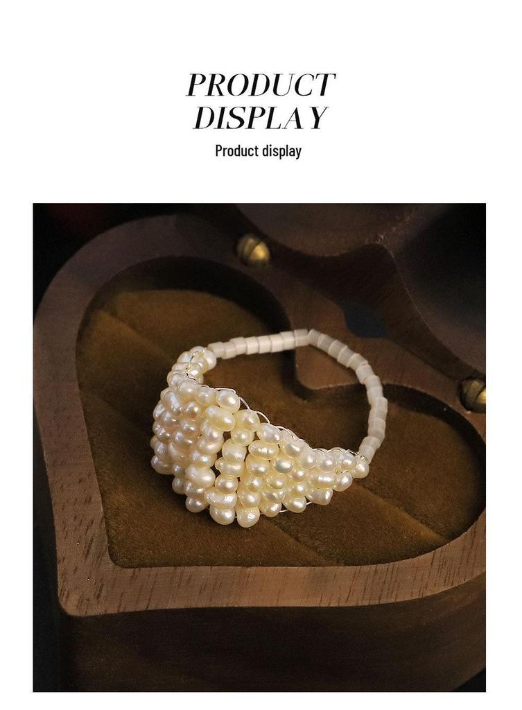 Original Design Natural Pearl and Crystal Adjustable Woven Ring for Women - High-End Feel Index or Tail Finger Ring
