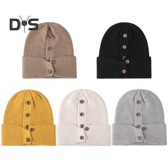 Czapka zimowa wełniana dzianinowa kopuła bez ronda jednolity kolor wysoka elastyczność guziki dekoracyjne gruba utrzymująca ciepło czapka outdoorowa unisex podróż dojazdy nakrycia głowy