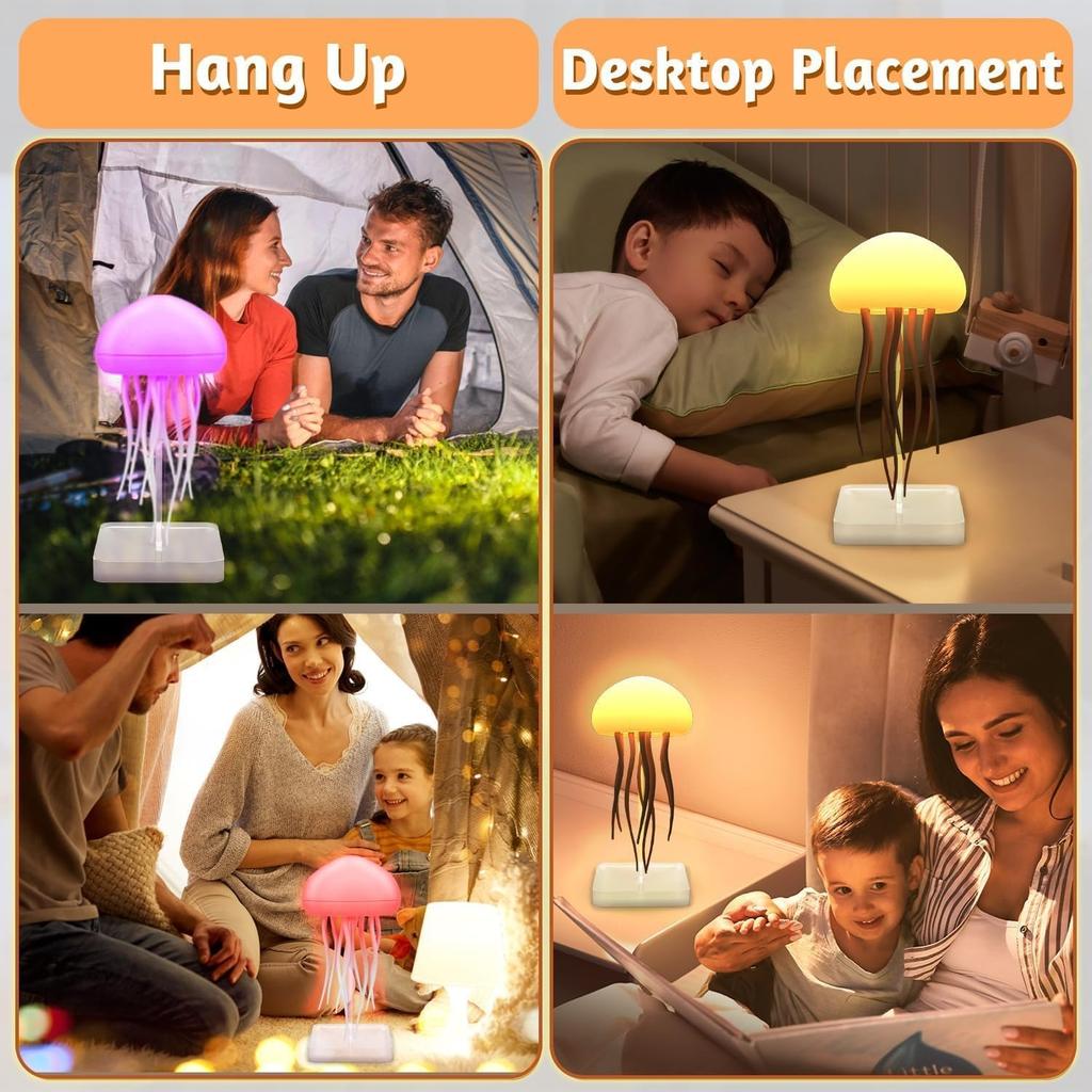 LED Jellyfish Lamp RGB Gradient Jelly Fish Light with Dancing Legs and Touch Sensor Rechargeable Cute Desk Lamp for Bedrooms, (Hanging + Base)