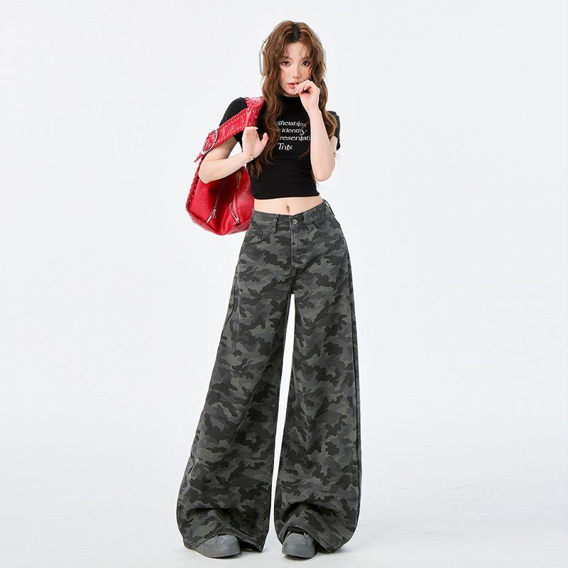 

American Camouflage Wide Leg Denim Women s Summer Lazy Style High Waist Loose and Slimming Drooping Straight Mop Pants Fan Color pants 155-165 XL