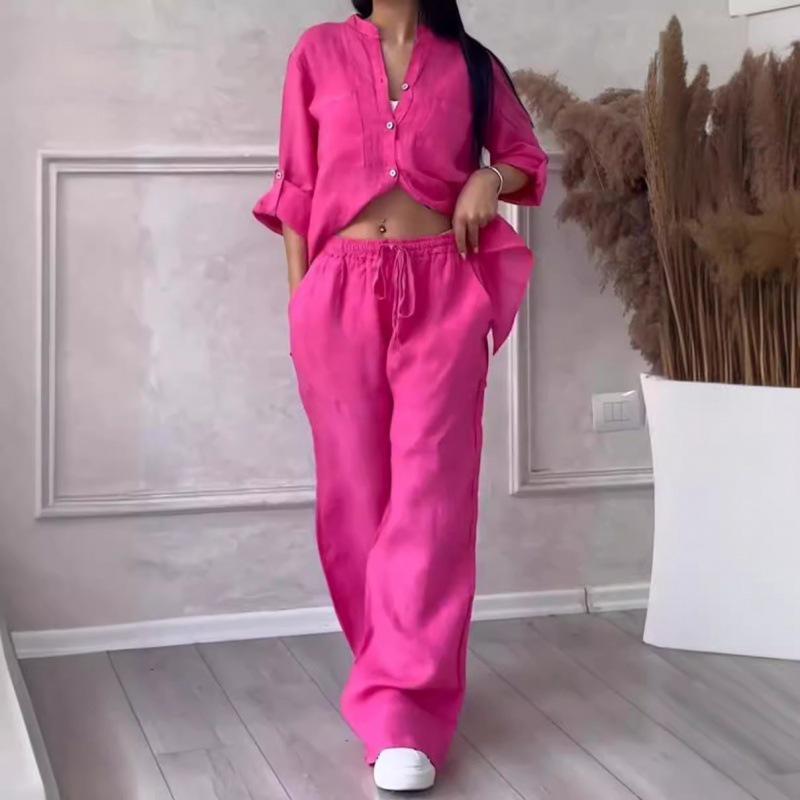 2024 Women's Solid Color Long-Sleeve Shirt & Wide-Leg Pants Set