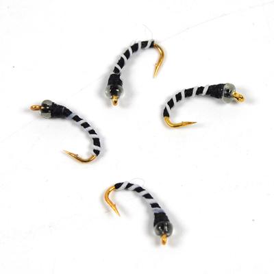 10 Stück Glasperlen-Kopffaden-Mücke, schwarz/weiß, Zebra-Fliegenfischköder, Größe 14