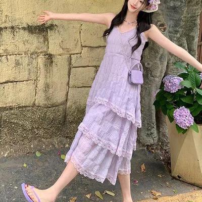 Vestido Largo de Verano para Mujer de Gasa con Ribete de Encaje y Tirantes Finos - Dulce, Estilo que Ceñe la Cintura