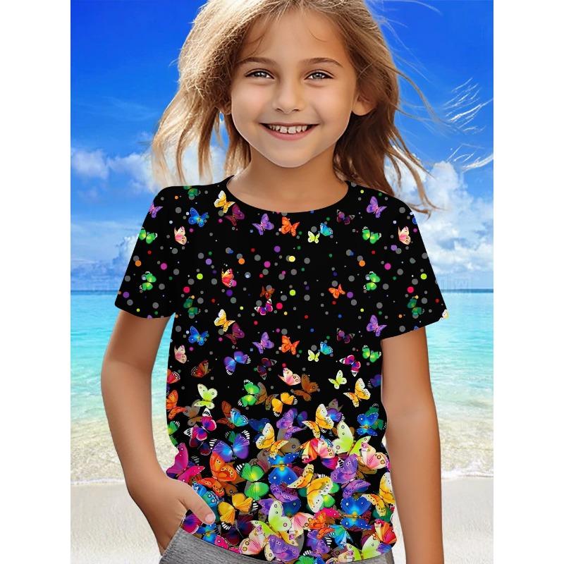Children's Clothing, Short Sleeved Girls' T-shirt with Butterfly Print, Cute Round Neck Girls' Top, Children's Summer Clothing,