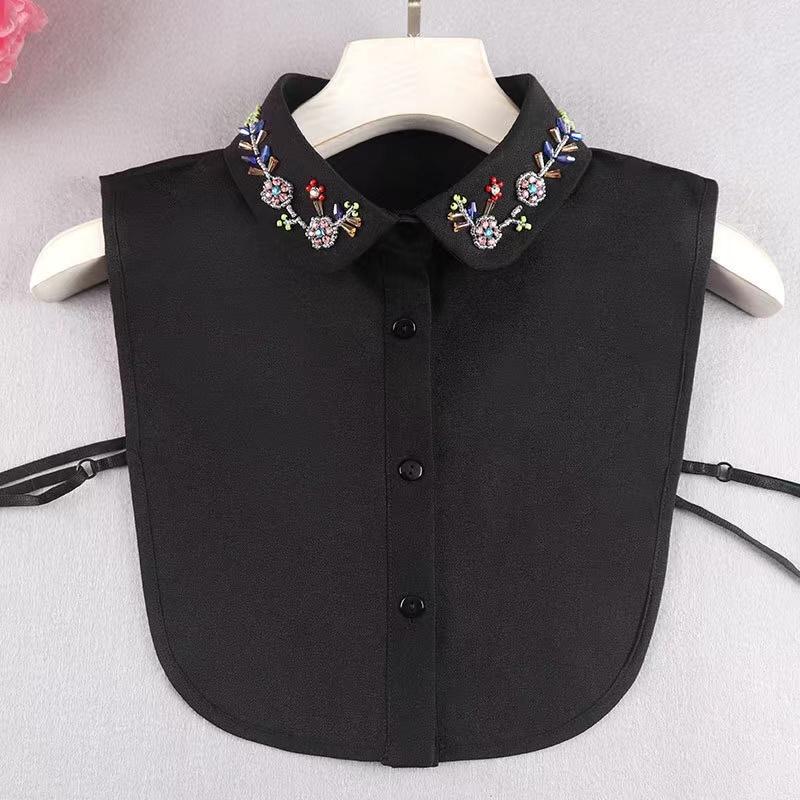 Women's Handmade Nail Colored Bead Round Neck Chiffon Fake Collar, Fashionable and Versatile Decorative Half Shirt Style Collar
