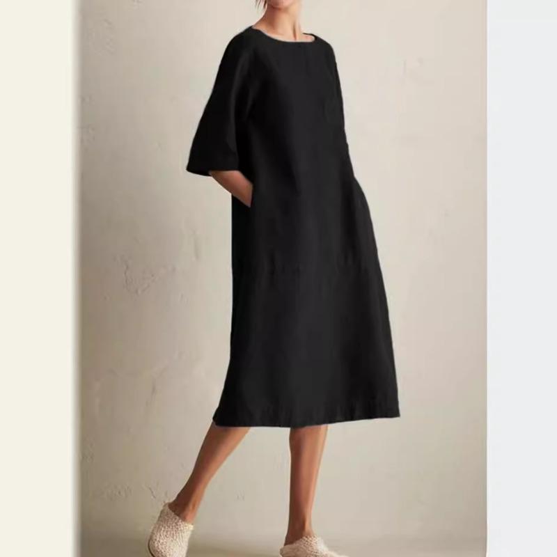 Large Size Women's Casual Round Neck Mid Sleeved Cotton and Linen Pocket Dress