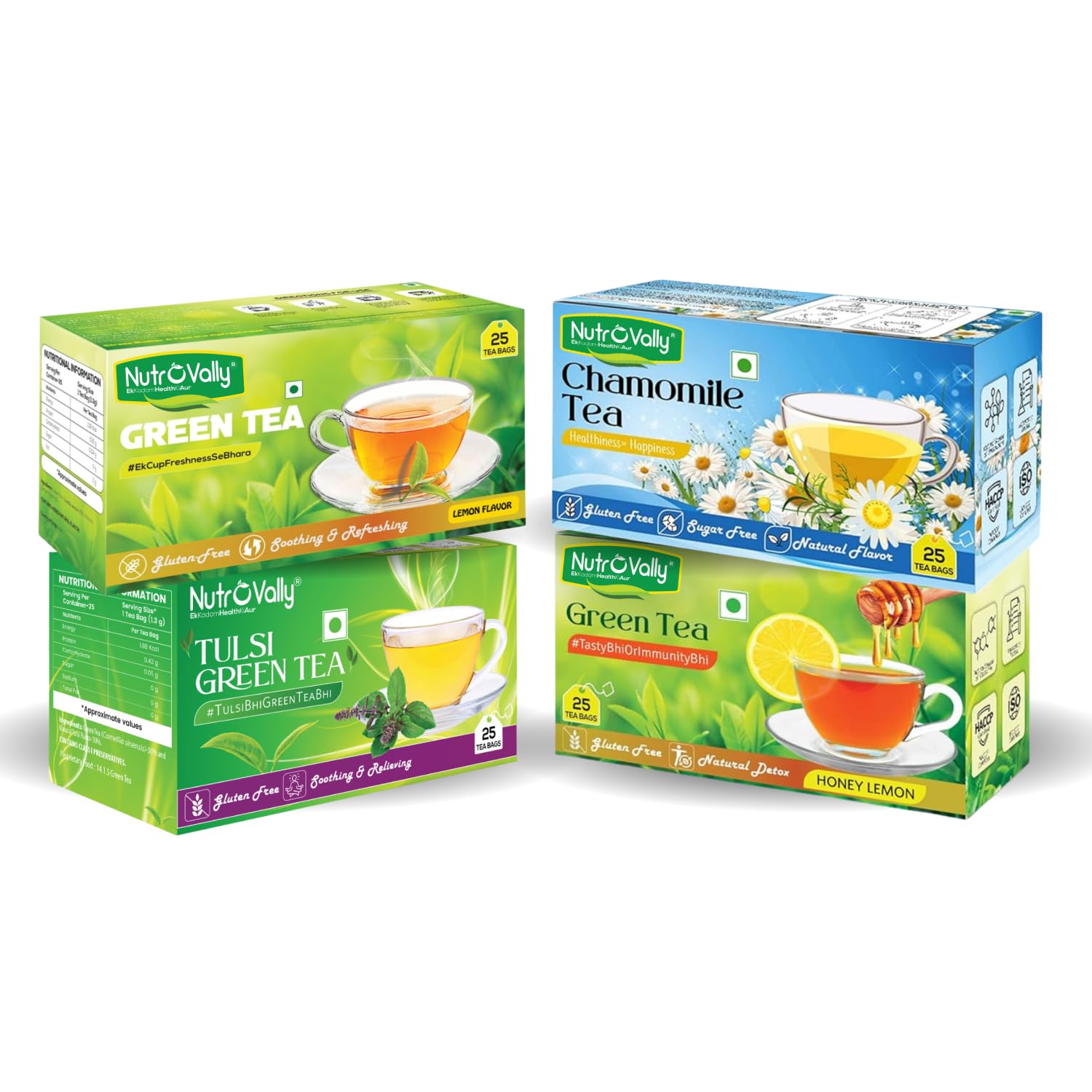 NutroVally Herbal Tea Combo | Chamomile Tea, Tulsi Green Tea, Classic Green Tea & Honey Lemon Tea | Rich in Antioxidant & Herbal Goodness |