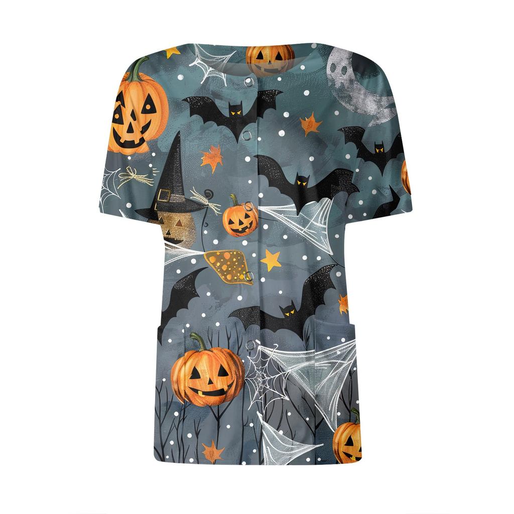 Women's Short Sleeved Patterned Pockets, Work Print Stand Up Collar, Single Breasted Protective Clothing, Cardigan Jacket, Top