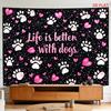 2D Flat, [2D Plane Printing] 1 Large Size/small Size Pattern Printed Tapestry- Life Is Better with Dogs, Paw Prints, Hearts, Black Background, White P