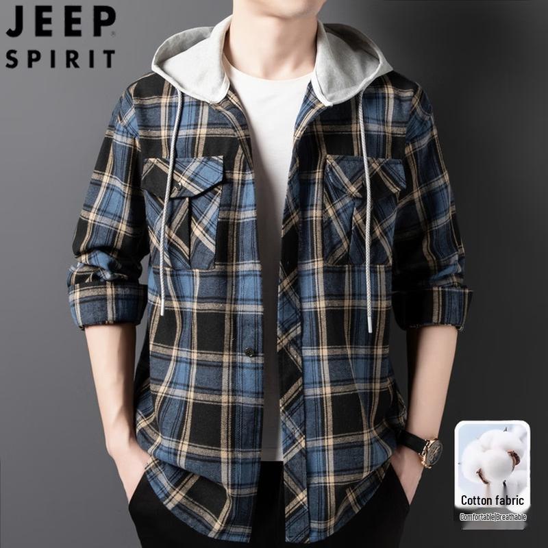 

JEEP SPIRIT Men s Hooded Plaid Workwear Overshirt 3XL