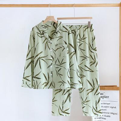 New Women's Spring and Summer Pajamas Set 100% Cotton Crepe Thin Green Long-sleeved Trousers Two-piece Set