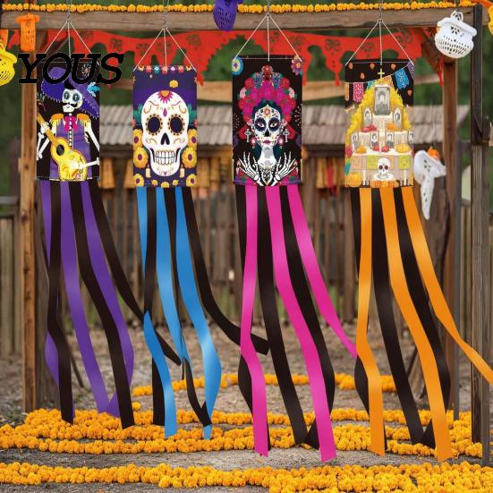 Spooky Festival Door Decor Day of The Dead Windsocks, Dia De Los Muertos Hanging Flag, Floral Props Skull Wind Socks with Flowing Tails for