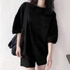 Women Casual Sportswear Set Korean Loose Solid Color Elbow-sleeve Top & Five-point Shorts Two-piece Outfit Ready Stock