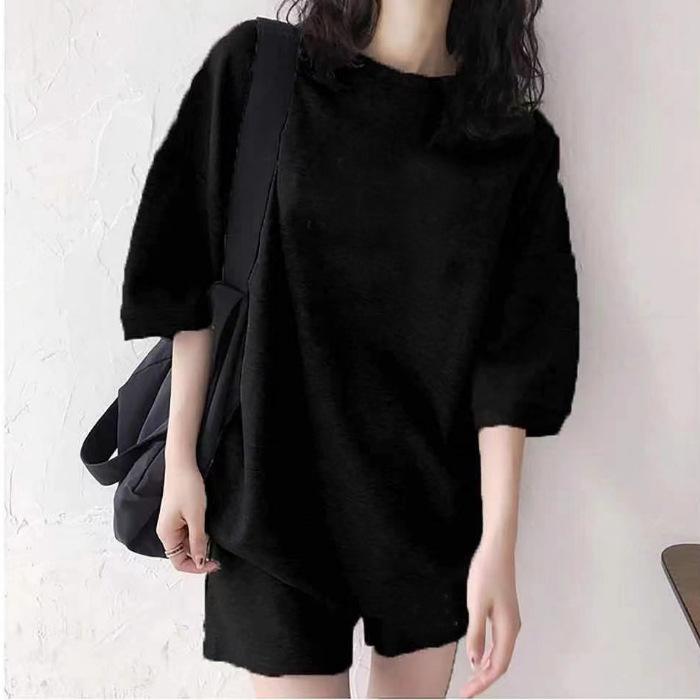 Women Casual Sportswear Set Korean Loose Solid Color Elbow-sleeve Top & Five-point Shorts Two-piece Outfit Ready Stock