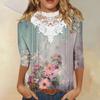3/4 Length Sleeve Womens Tops Casual Loose Fit Lace V-neck T Shirts Cute Retro Floral Print Three Quarter Length Tunic Tops