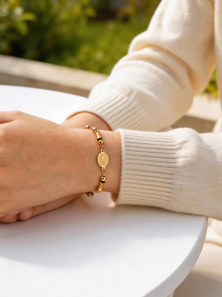 Saint Benedict Rosary Bracelet Bamboo Bead Design 18K Gold Plated Stainless Steel Cross Adjustable Catholic Jewelry
