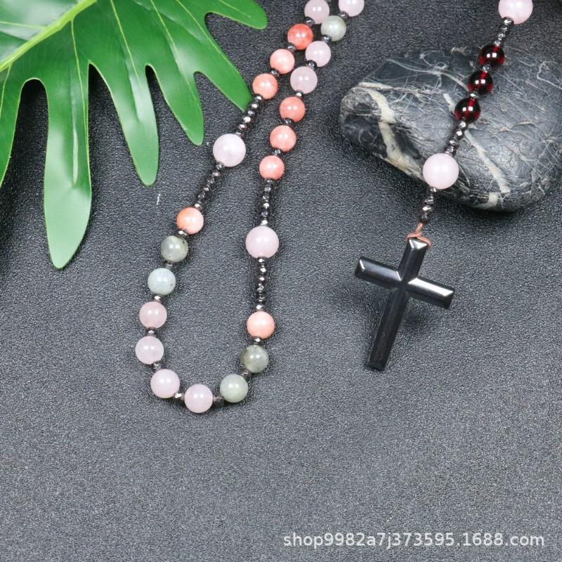 Mixed Gemstone Rosary Necklace – Hematite Cross Pendant, Love Balance Protection Gift for Men & Women
