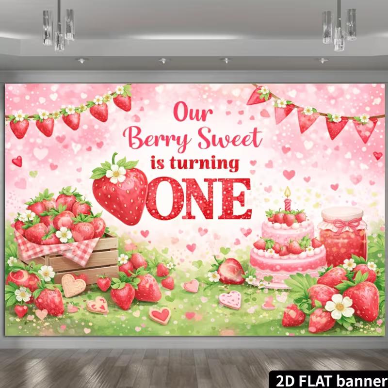 2D Pink Strawberry Cake Baby First Birthday Photography Background
