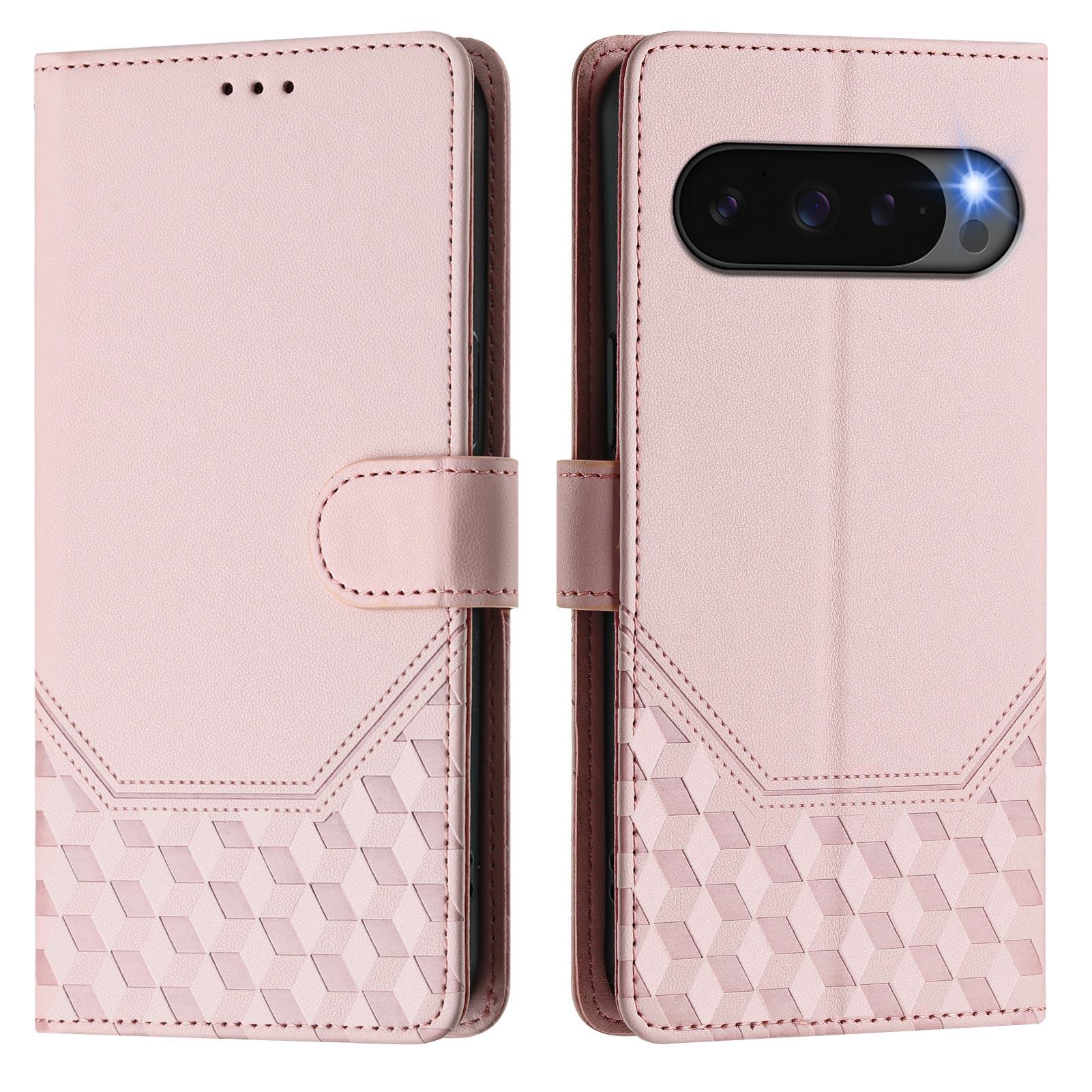 

For Google Pixel 10 Pro XL Case Imprinted Honeycomb RFID Blocking Leather Phone Cover with Strap Pink