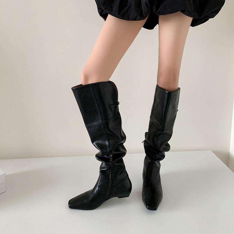 Fashion Square Head Back Slit 3cm Low Heel Long Boots Autumn Winter Spicy Girls Simple Fashionable Knee Length Women's Boots Size 34-42