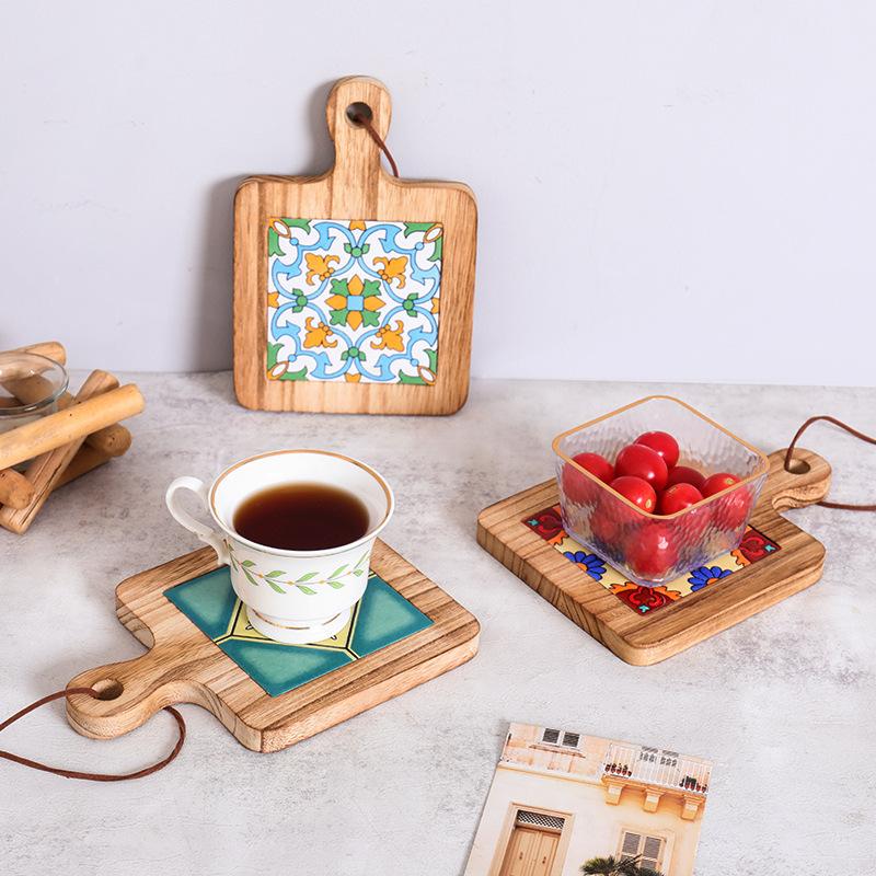 Vintage Insulation Mat Flower Brick Pot Mat Wooden Plate Coaster Solid Wood Dining Mat Soup Making Mat Sand Pot Wooden Mat