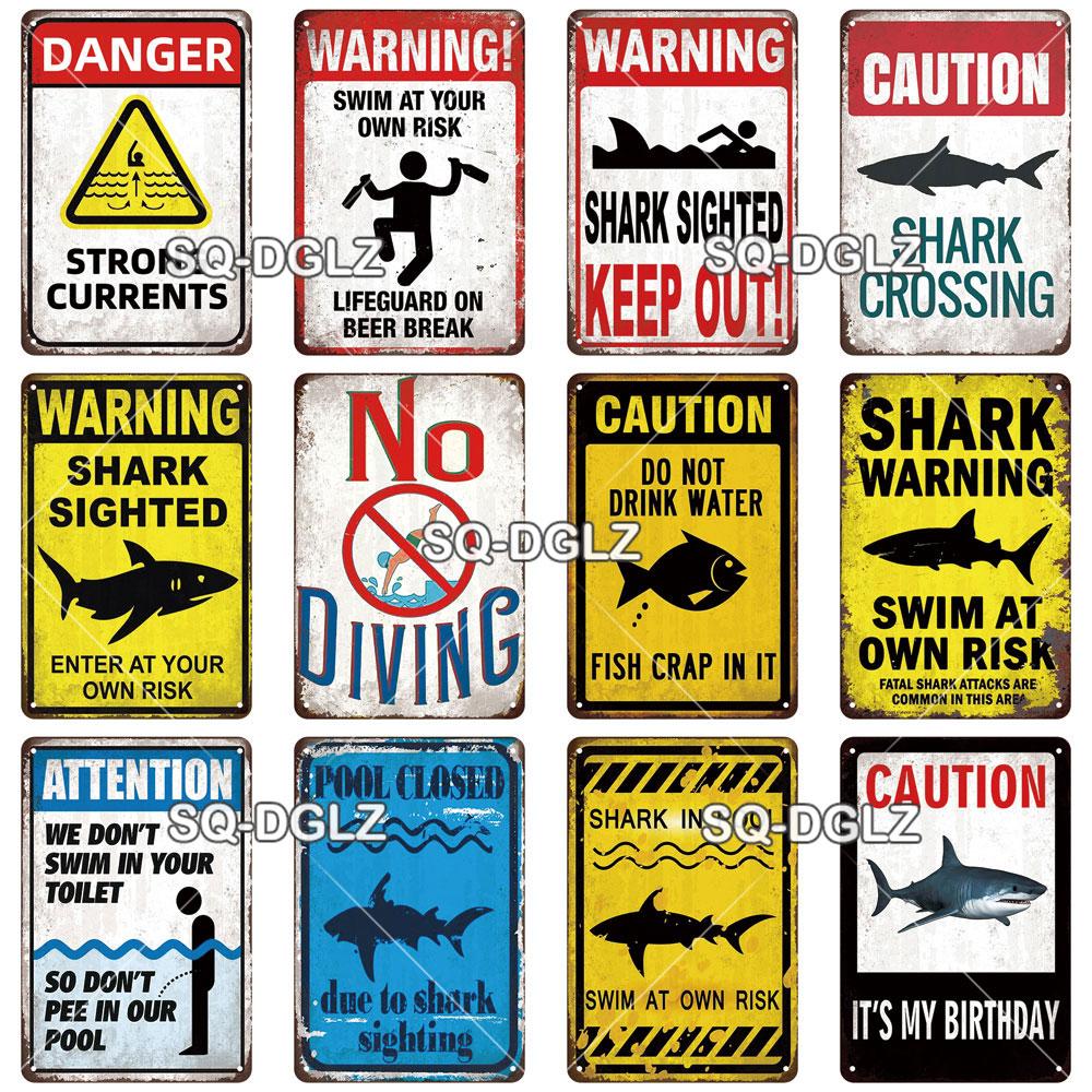 SQ-DGLZ Vintage Metallskylt Varning Haj Poolregler Tennskylt Havsbutiksskylt Hembar Väggdekor Klistermärke Dekorationsplatta Affisch