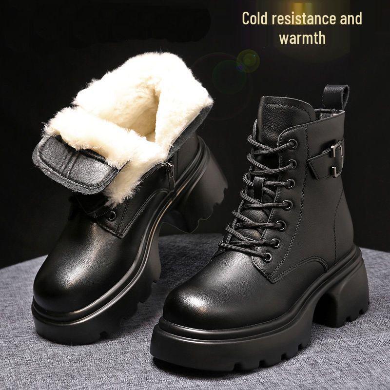 Women's Winter Leather Snow Boots, Thick Sole, Fleece-Lined, Warm Cotton Martin Ankle Boots