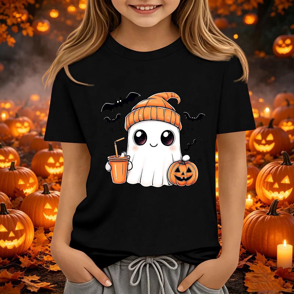 Kids' Halloween Printed Short Sleeve Neck T-Shirt, Loose Fit Top