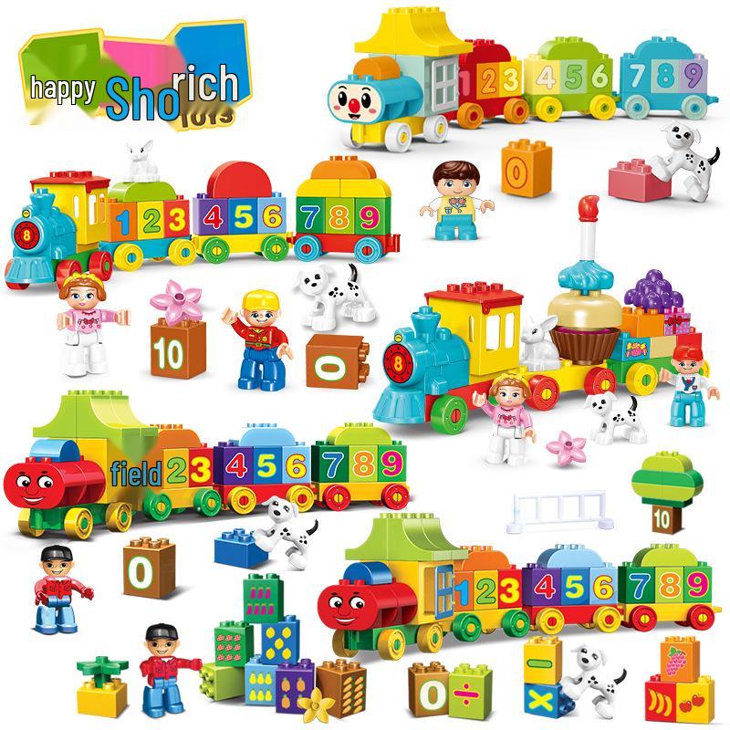 Blocuri Puzzle Tren cu Numere pentru Copii, 50 de Piese cu Găleată de Depozitare