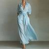 2026 Womens Solid Color Fitted A-Line Long Dress With Waist Tie High Sleeveless Or Short Sleeve