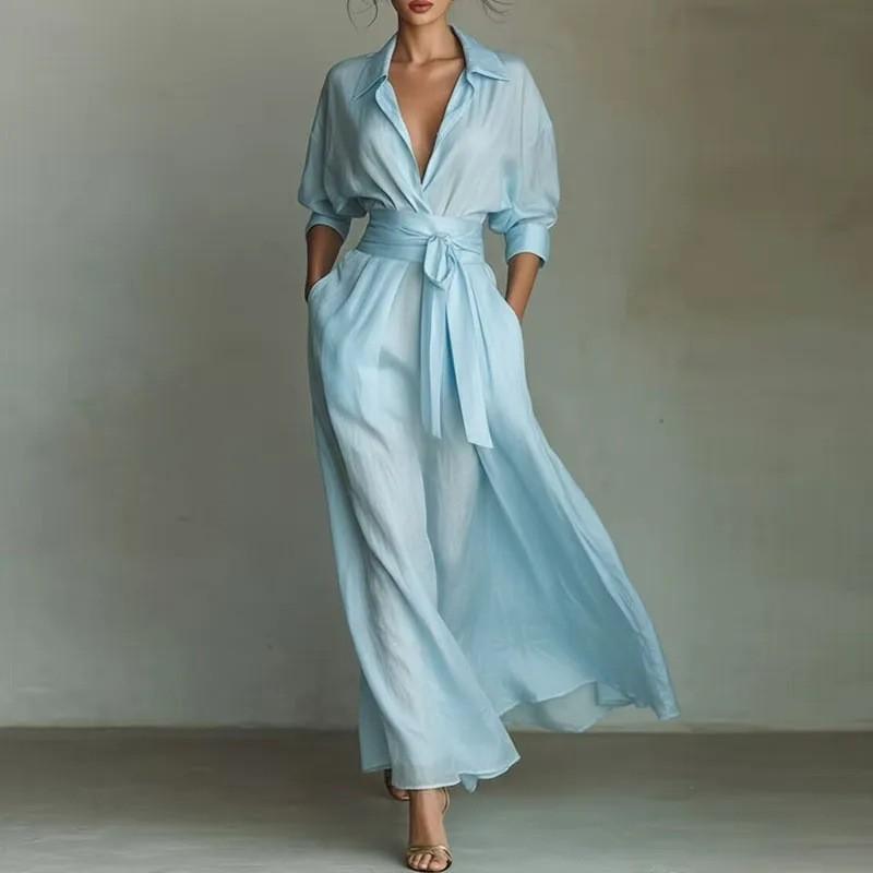 2026 Womens Solid Color Fitted A-Line Long Dress With Waist Tie High Sleeveless Or Short Sleeve