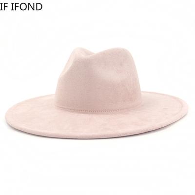 New 9.5cm Wide Brim Suede Fedora Hat For Women Soft Shaped Men Panama Jazz Hat Fashion Pink Wedding Decoration Dress Cap