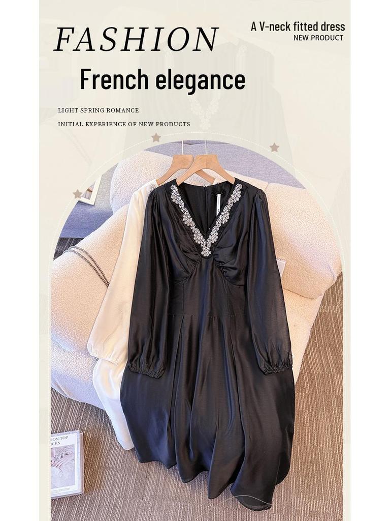 High-End Plus Size Women's V-Neck Rhinestone Dress (130-300 lb) - Elegant French Style